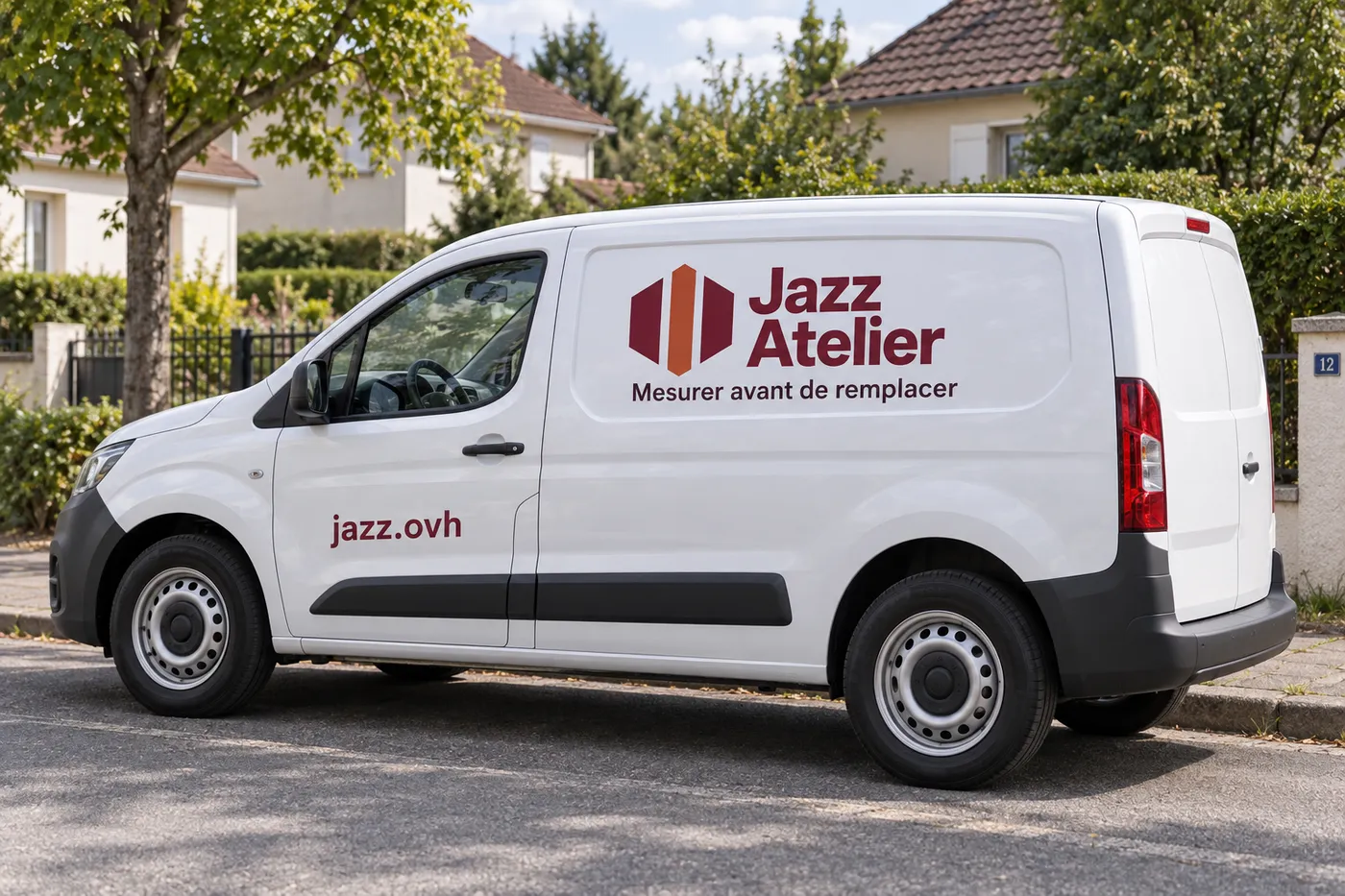 Camionnette blanche Jazz Atelier garée dans une rue pavillonnaire de la vallée de l'Orge
