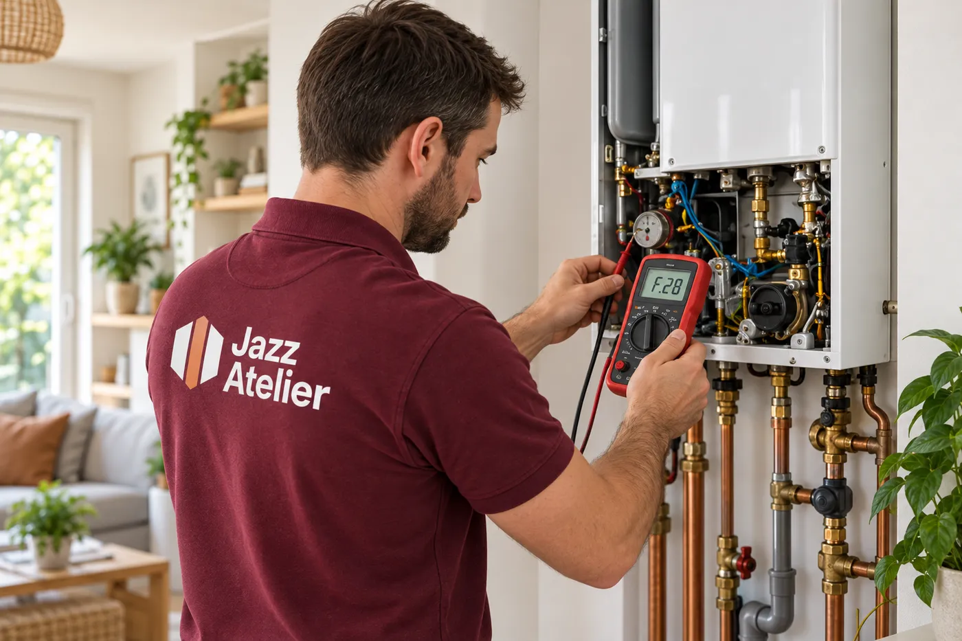 Chauffagiste en polo Jazz Atelier mesurant au multimètre l'intérieur d'une chaudière gaz murale ouverte